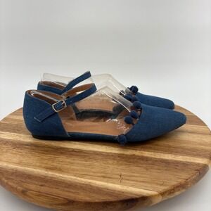 Yoki Denim Pointed Toe Flats Ankle Strap Pom Pom Accents Women's Size 8